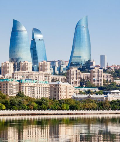 Baku Flame Towers is the tallest skyscraper in Baku, Azerbaijan with a height of 190 m. The buildings consist of apartments, a hotel and office blocks.