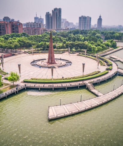 Empty square and lake in the city park